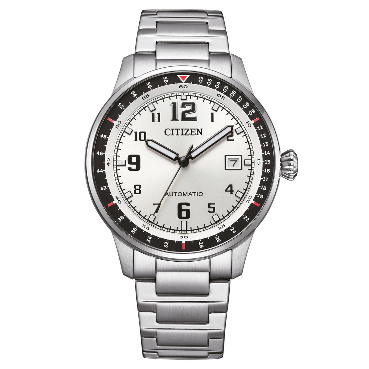 Ανδρικό αυτόματο ρολόι Citizen NJ0190-51A με ασημί μπρασελέ και ασημί καντράν