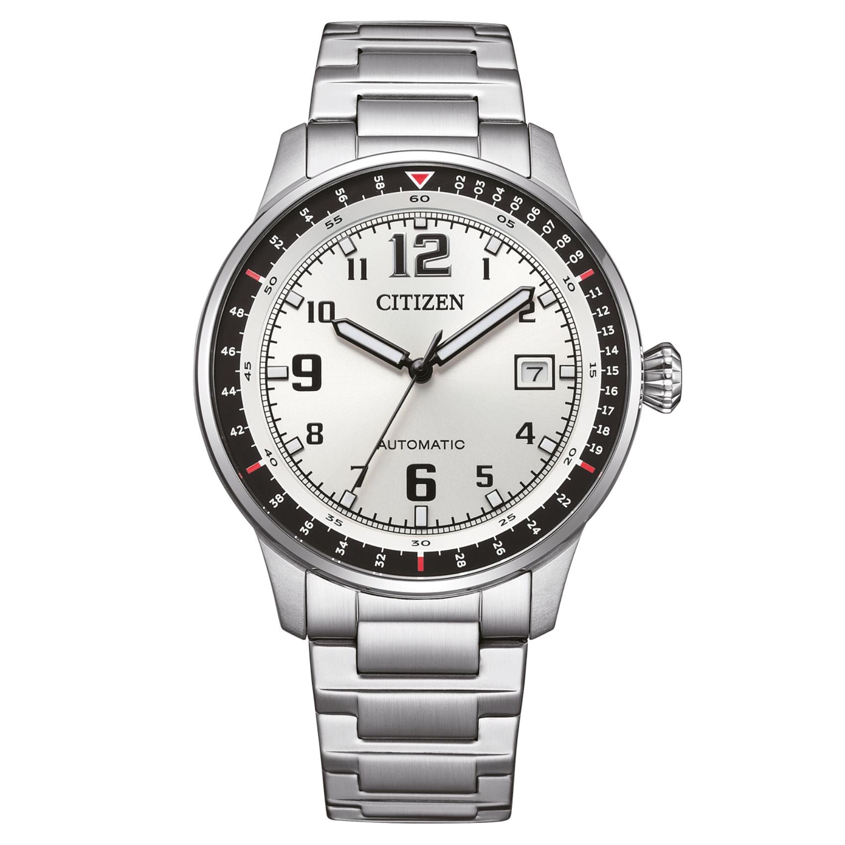 Ανδρικό αυτόματο ρολόι Citizen NJ0190-51A με ασημί μπρασελέ και ασημί καντράν