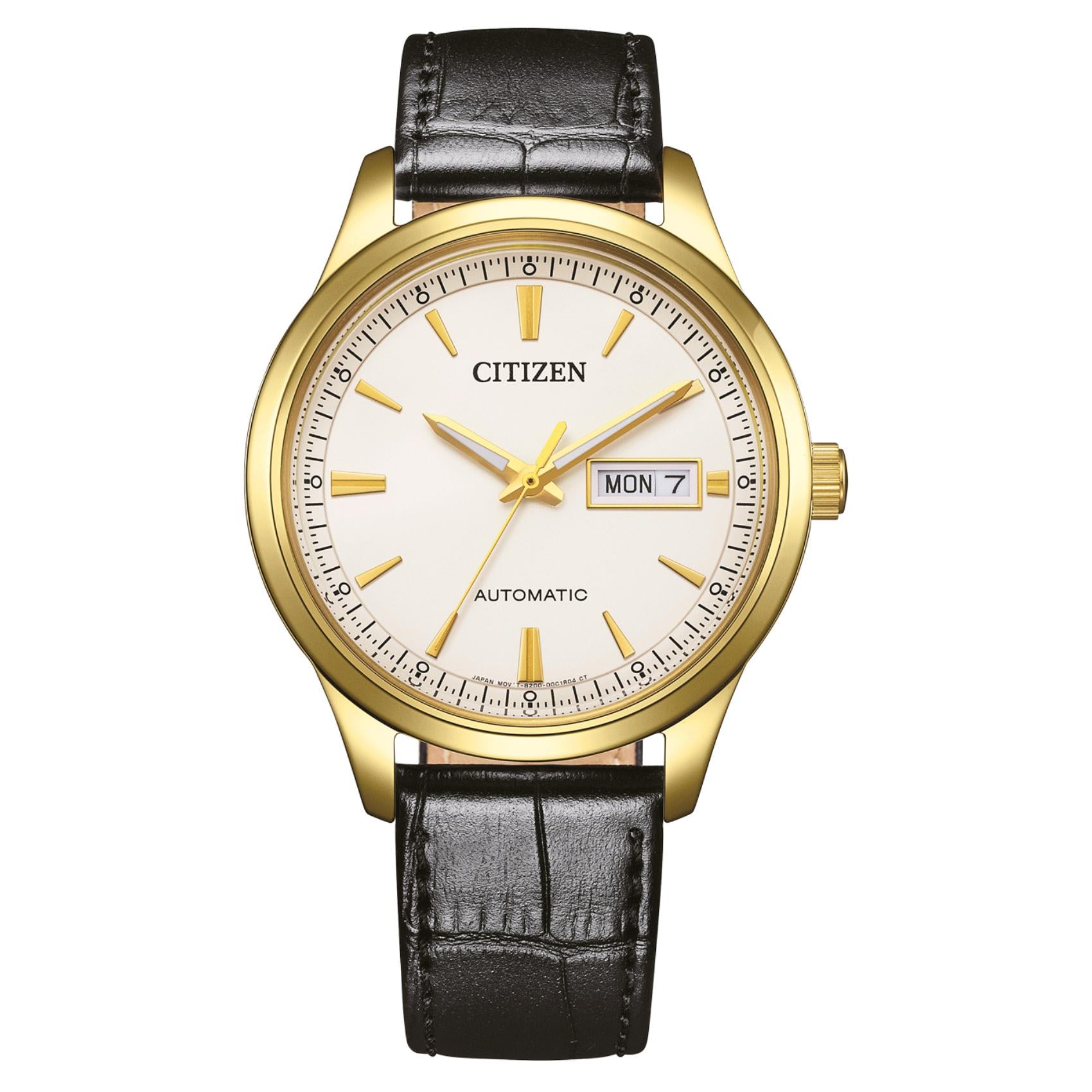 Ανδρικό αυτόματο ρολόι Citizen NY4059-09AE με καφέ λουράκι και λευκό καντράν