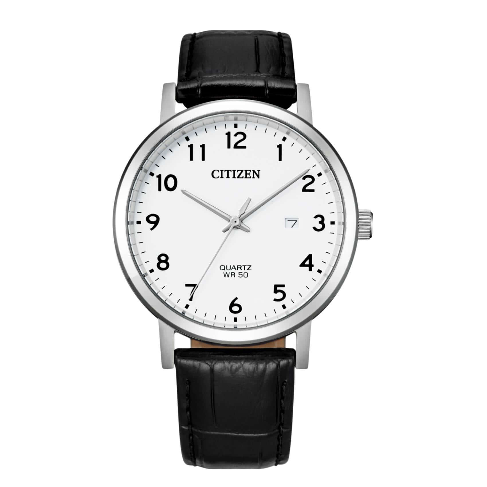 Ανδρικό ρολόι Citizen BI5070-06A με μαύρο δερμάτινο λουράκι και λευκό καντράν 40.2mm με ένδειξη ημερομηνίας.