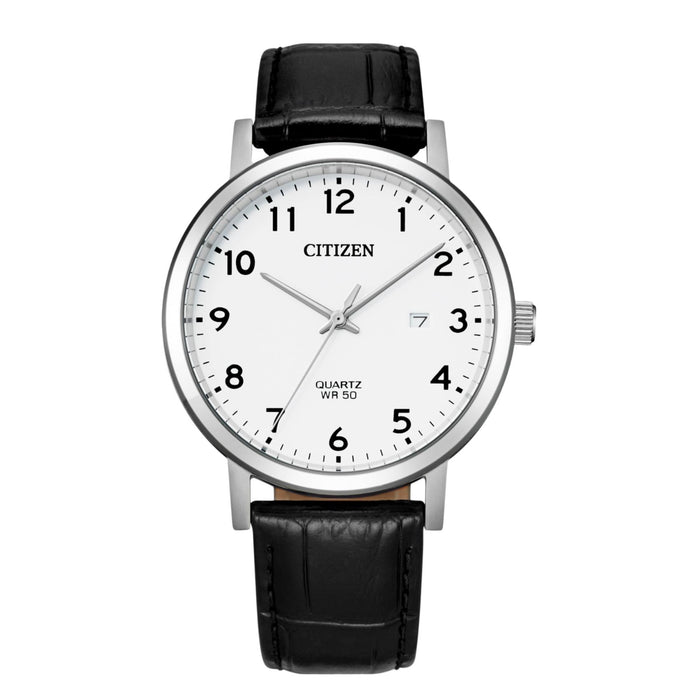 Ανδρικό ρολόι Citizen BI5070-06A με μαύρο δερμάτινο λουράκι και λευκό καντράν 40.2mm με ένδειξη ημερομηνίας.