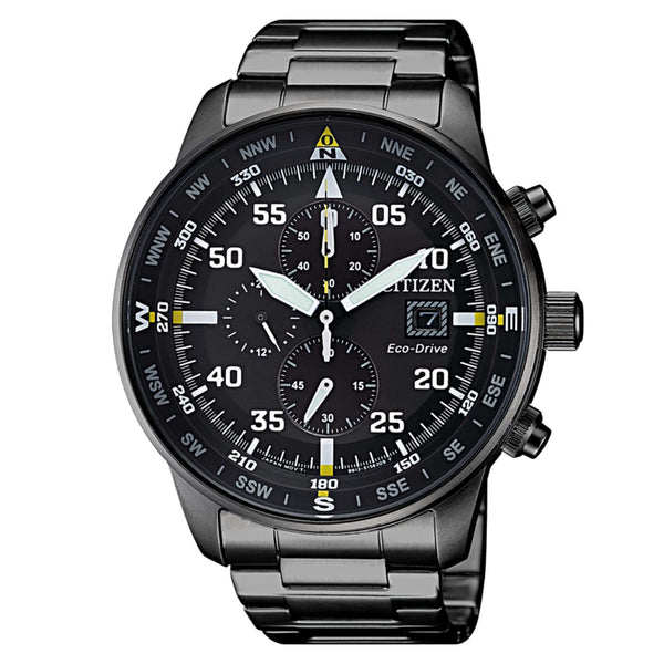 Ανδρικό ρολόι Citizen Eco-Drive CA0695-84E χρονογράφος με μαύρο μπρασελέ από ανοξείδωτο ατσάλι, μαύρο καντράν 44mm και μηχανισμό Eco-Drive B612.
