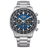 Ανδρικό ρολόι Citizen Eco-Drive CA4500-91L χρονογράφος με ασημί μπρασελέ και μπλε καντράν 44mm με ένδειξη ημερομηνίας.