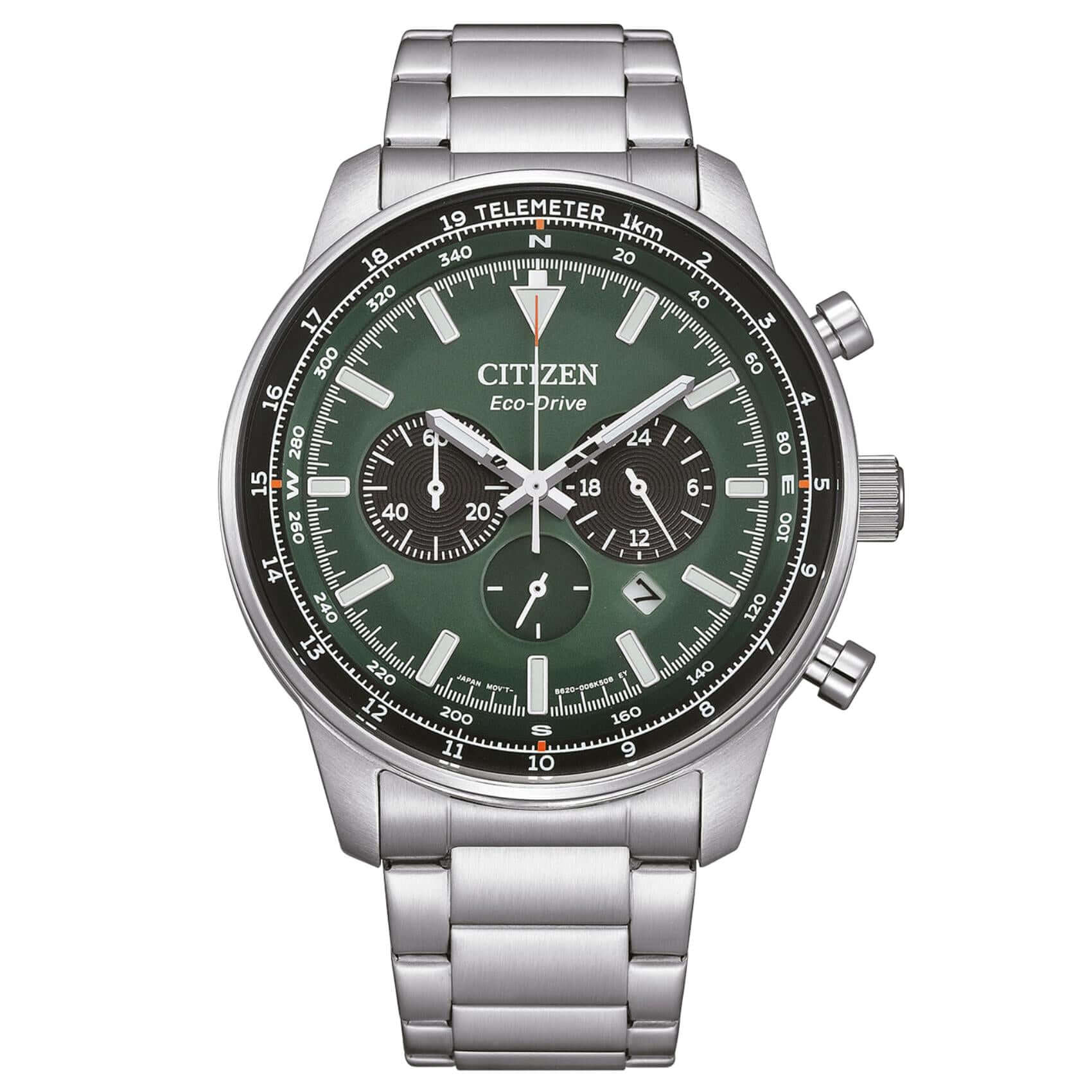 Ανδρικό ρολόι Citizen Eco-Drive CA4500-91X χρονογράφος με ασημί μπρασελέ και πράσινο καντράν 44mm με ένδειξη ημερομηνίας.
