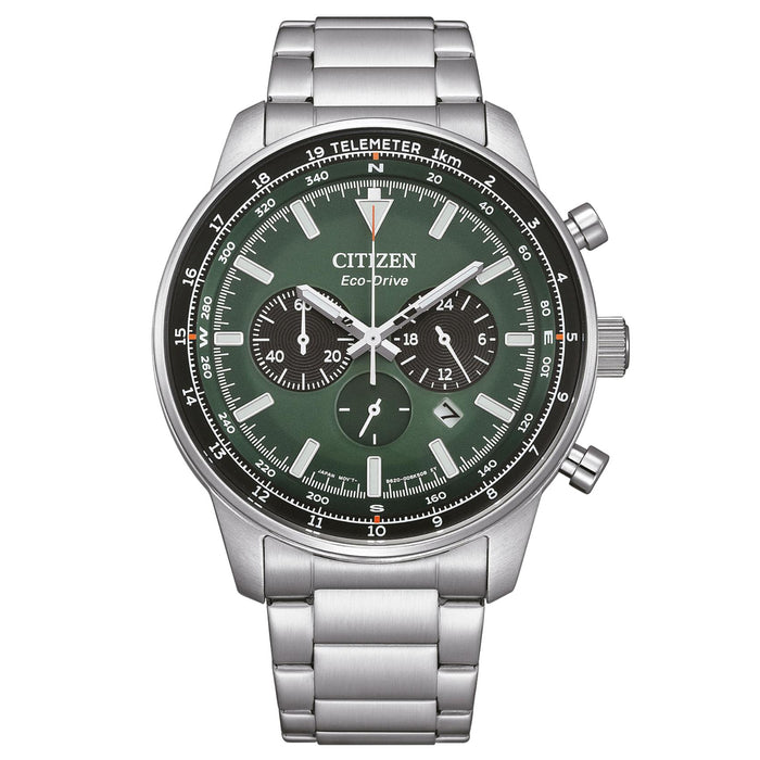 Ανδρικό ρολόι Citizen Eco-Drive CA4500-91X χρονογράφος με ασημί μπρασελέ και πράσινο καντράν 44mm με ένδειξη ημερομηνίας.