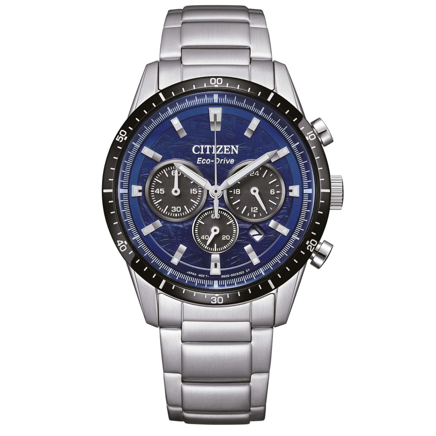 Ανδρικό ρολόι Citizen Eco-Drive CA4624-56L χρονογράφος με ασημί μπρασελέ και μπλε καντράν 39mm με ένδειξη ημερομηνίας.
