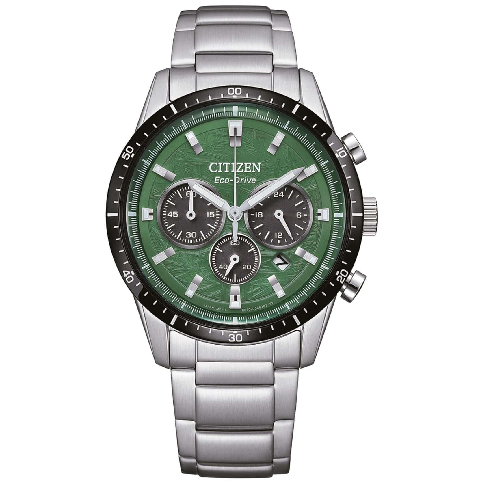 Ανδρικό ρολόι Citizen Eco-Drive CA4624-56X χρονογράφος με ασημί μπρασελέ και πράσινο καντράν 39mm με ένδειξη ημερομηνίας.