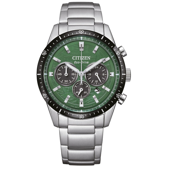 Ανδρικό ρολόι Citizen Eco-Drive CA4624-56X χρονογράφος με ασημί μπρασελέ και πράσινο καντράν 39mm με ένδειξη ημερομηνίας.