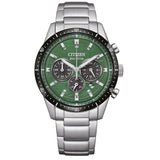 Ανδρικό ρολόι Citizen Eco-Drive CA4624-56X χρονογράφος με ασημί μπρασελέ και πράσινο καντράν 39mm με ένδειξη ημερομηνίας.