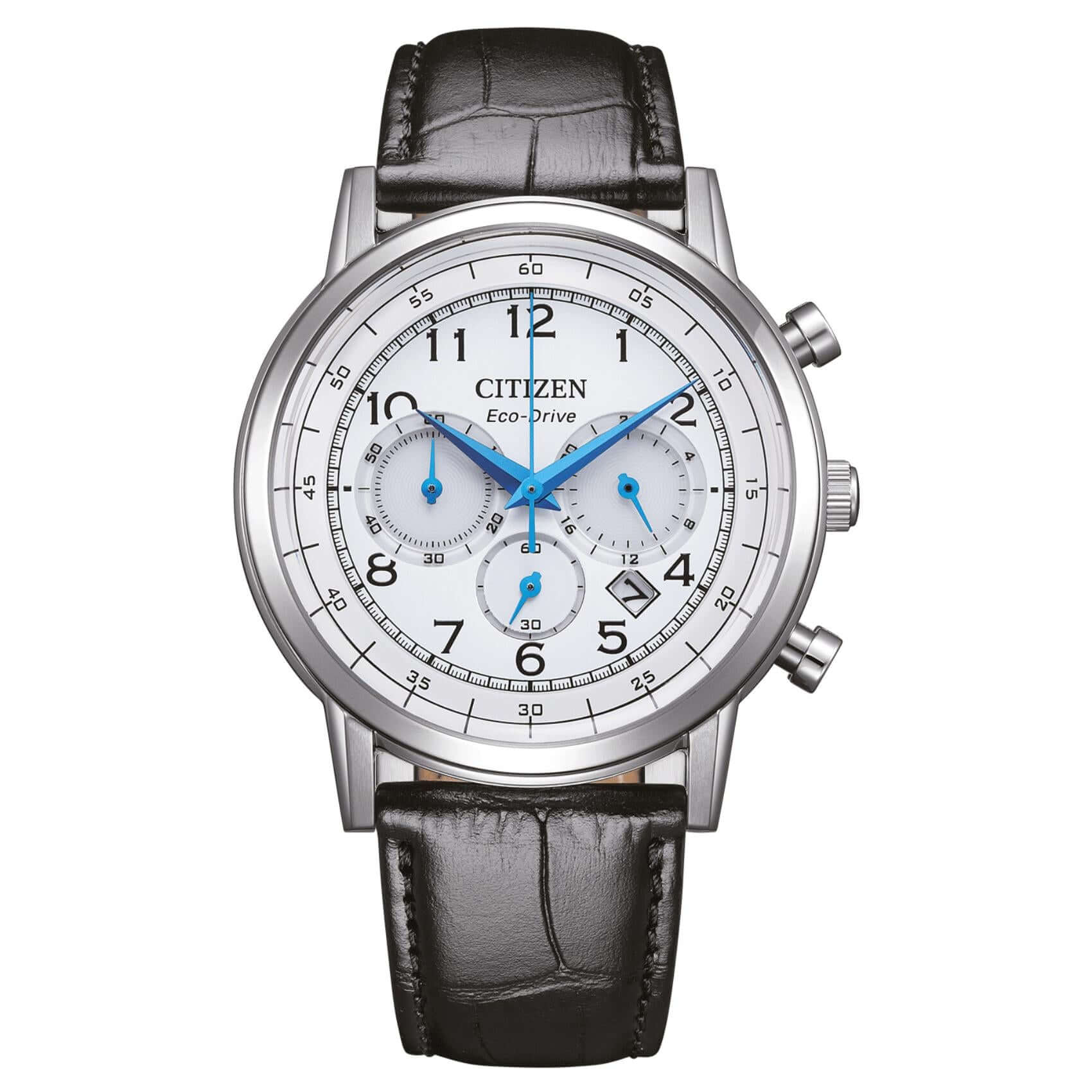 Ανδρικό ρολόι Citizen Eco-Drive CA4630-02A χρονογράφος με μαύρο δερμάτινο λουράκι και λευκό καντράν 42mm με ένδειξη ημερομηνίας.