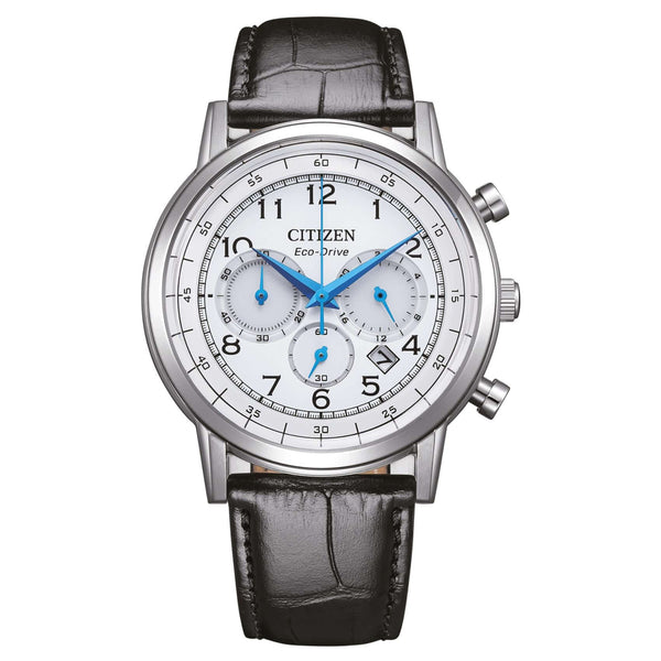 Ανδρικό ρολόι Citizen Eco-Drive CA4630-02A χρονογράφος με μαύρο δερμάτινο λουράκι και λευκό καντράν 42mm με ένδειξη ημερομηνίας.