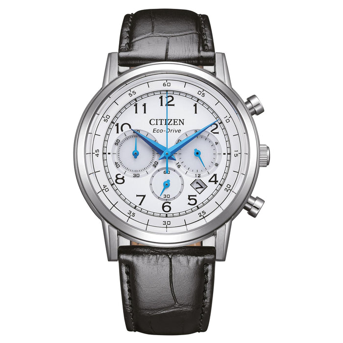 Ανδρικό ρολόι Citizen Eco-Drive CA4630-02A χρονογράφος με μαύρο δερμάτινο λουράκι και λευκό καντράν 42mm με ένδειξη ημερομηνίας.