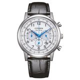 Ανδρικό ρολόι Citizen Eco-Drive CA4630-02A χρονογράφος με μαύρο δερμάτινο λουράκι και λευκό καντράν 42mm με ένδειξη ημερομηνίας.