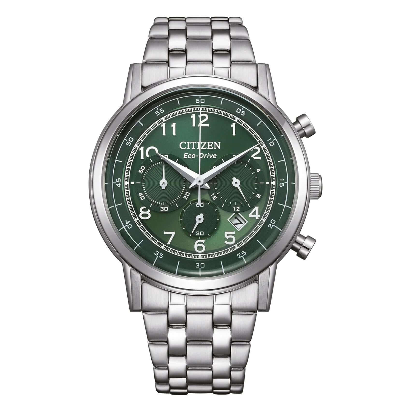 Ανδρικό ρολόι Citizen Eco-Drive CA4630-53X χρονογράφος με ασημί μπρασελέ και πράσινο καντράν 42mm με ένδειξη ημερομηνίας.