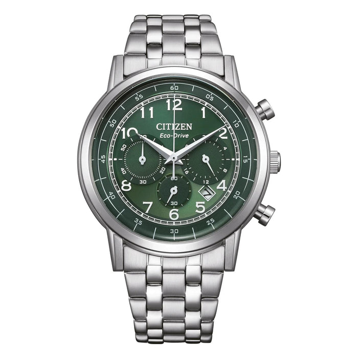 Ανδρικό ρολόι Citizen Eco-Drive CA4630-53X χρονογράφος με ασημί μπρασελέ και πράσινο καντράν 42mm με ένδειξη ημερομηνίας.