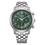 Ανδρικό ρολόι Citizen Eco-Drive CA4630-53X χρονογράφος με ασημί μπρασελέ και πράσινο καντράν 42mm με ένδειξη ημερομηνίας.
