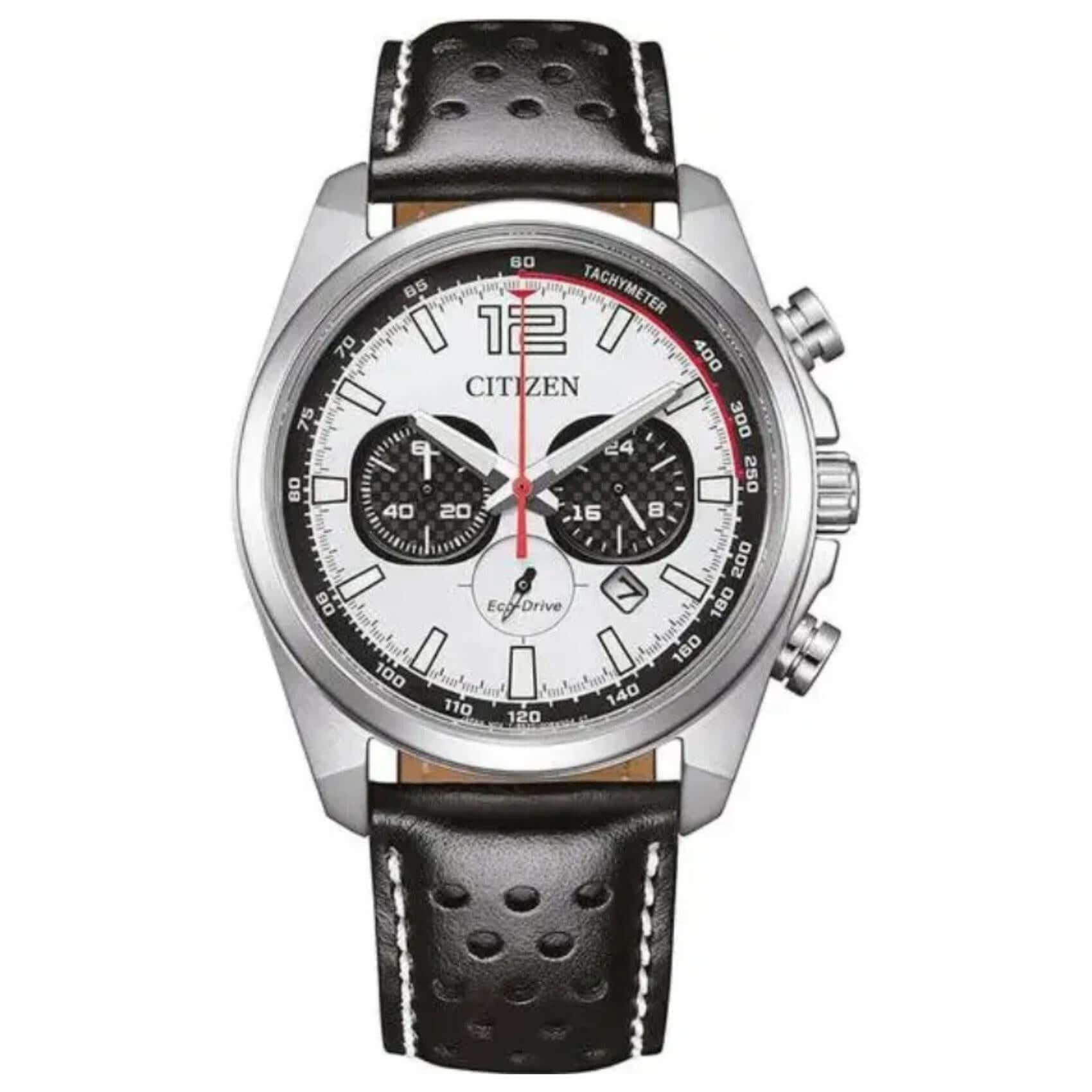 Ανδρικό ρολόι Citizen Eco-Drive CA4640-09A χρονογράφος με μαύρο δερμάτινο λουράκι και λευκό καντράν 41mm με ένδειξη ημερομηνίας.