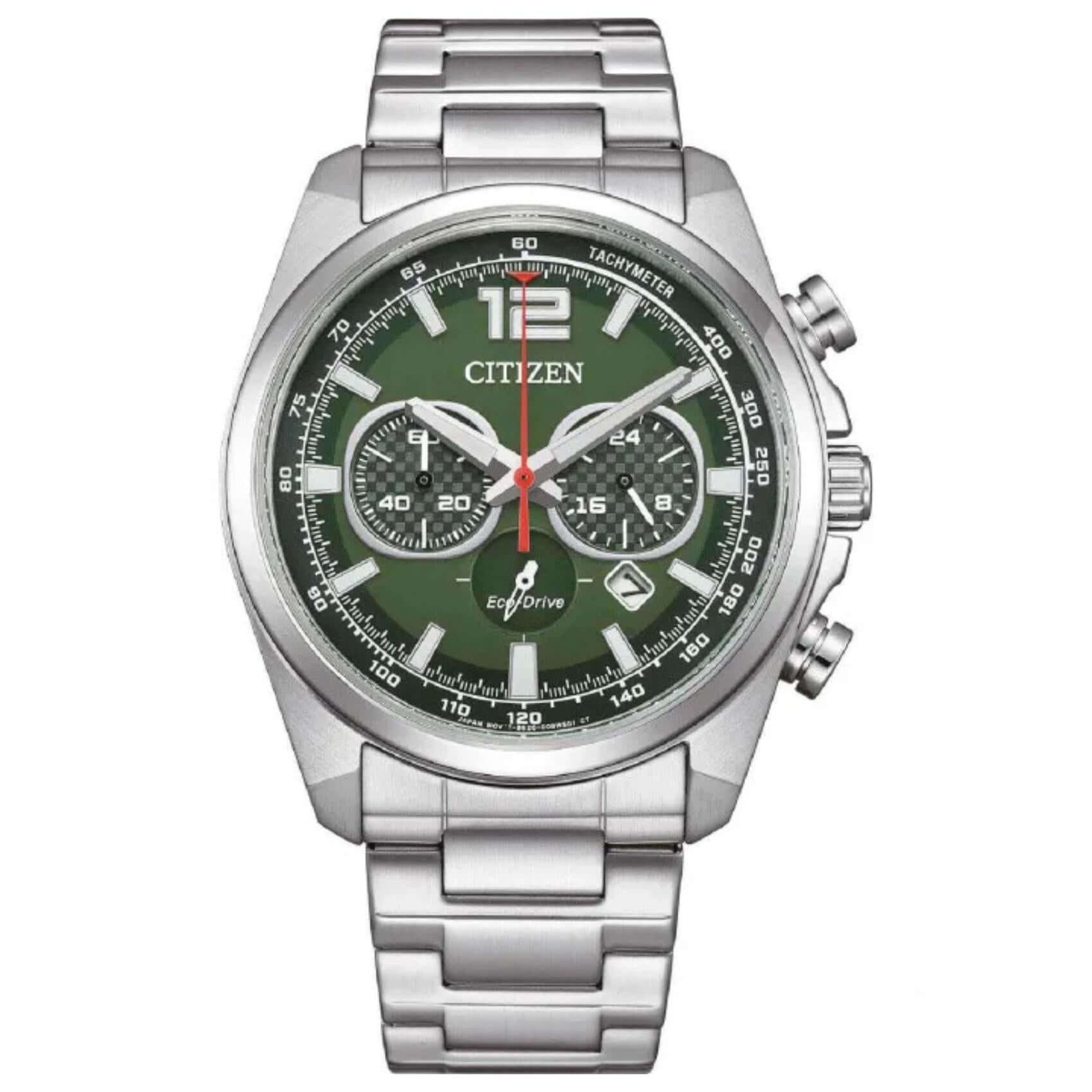 Ανδρικό ρολόι Citizen Eco-Drive CA4640-50X χρονογράφος με ασημί μπρασελέ και πράσινο καντράν 41mm με ένδειξη ημερομηνίας.
