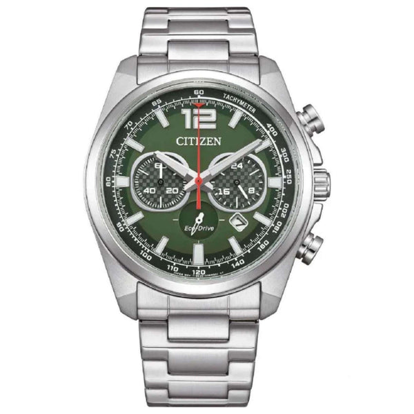 Ανδρικό ρολόι Citizen Eco-Drive CA4640-50X χρονογράφος με ασημί μπρασελέ και πράσινο καντράν 41mm με ένδειξη ημερομηνίας.