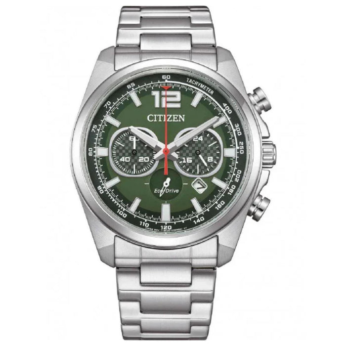 Ανδρικό ρολόι Citizen Eco-Drive CA4640-50X χρονογράφος με ασημί μπρασελέ και πράσινο καντράν 41mm με ένδειξη ημερομηνίας.