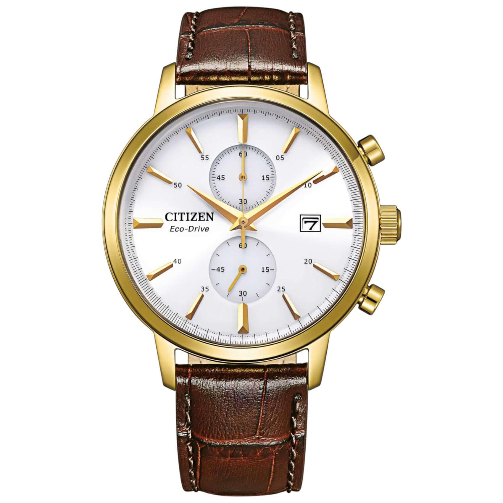 Ανδρικό ρολόι Citizen Eco-Drive CA7062-15A κλασικός χρονογράφος με καφέ δερμάτινο λουράκι και λευκό καντράν 42mm.