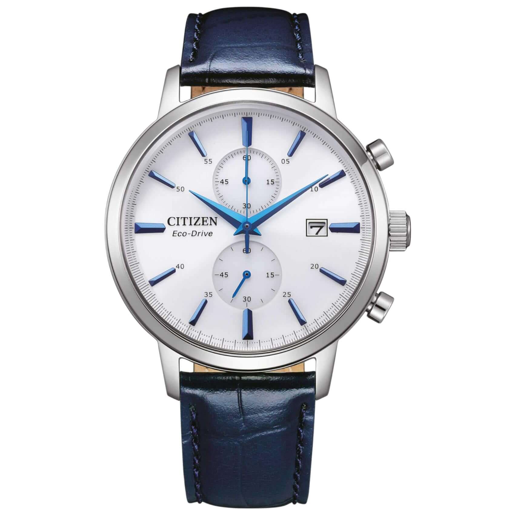 νδρικό ρολόι Citizen Eco-Drive CA7069-16A κλασικός χρονογράφος με μπλε δερμάτινο λουράκι και λευκό καντράν 42mm με ένδειξη ημερομηνίας.