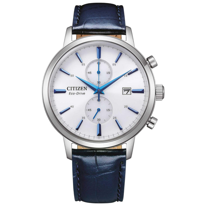 νδρικό ρολόι Citizen Eco-Drive CA7069-16A κλασικός χρονογράφος με μπλε δερμάτινο λουράκι και λευκό καντράν 42mm με ένδειξη ημερομηνίας.