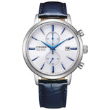 νδρικό ρολόι Citizen Eco-Drive CA7069-16A κλασικός χρονογράφος με μπλε δερμάτινο λουράκι και λευκό καντράν 42mm με ένδειξη ημερομηνίας.