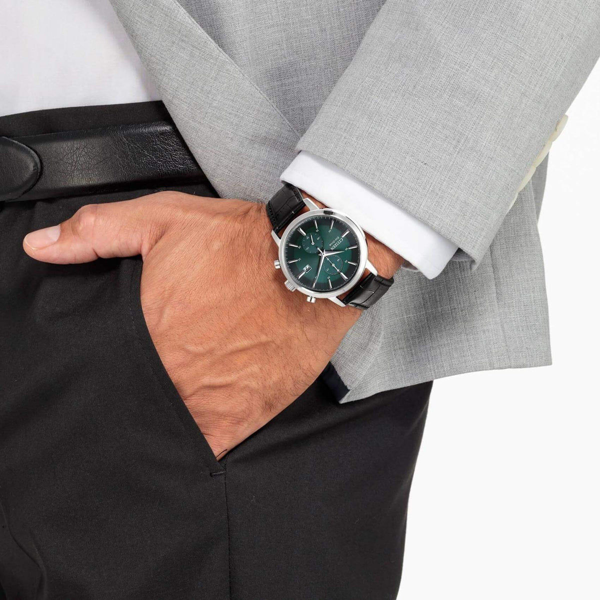 Ανδρικό Ρολόι Citizen Eco-Drive CA7069-24X με Μαύρο Δερμάτινο Λουράκι και Πράσινο Καντράν