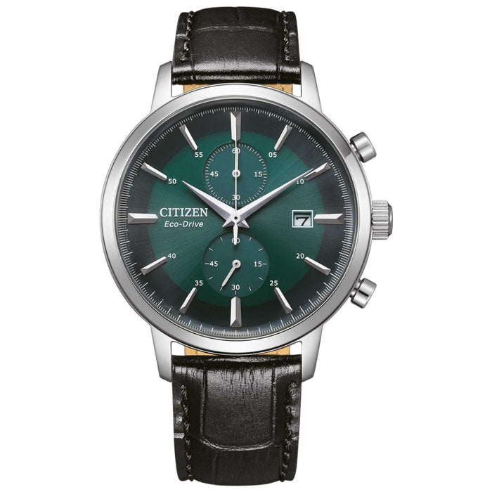 Ανδρικό ρολόι Citizen Eco-Drive CA7069-24X κλασικός χρονογράφος με μαύρο δερμάτινο λουράκι και πράσινο καντράν 42mm με ένδειξη ημερομηνίας.
