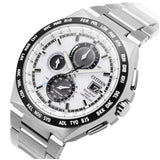 Λευκό καντράν 43.5mm του ανδρικού ρολογιού Citizen Eco-Drive Radio Controlled AT8238-84A με χρονογράφο, παγκόσμια ώρα και αχάρακτο ζαφείρι.
