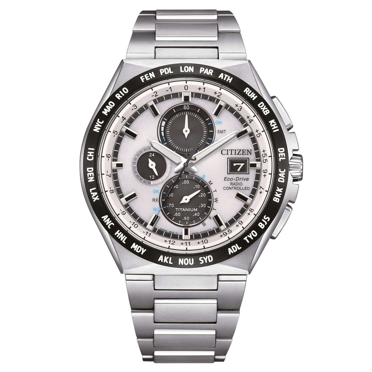Ανδρικό ρολόι Citizen Eco-Drive Radio Controlled AT8238-84A χρονογράφος με ασημί μπρασελέ από τιτάνιο, λευκό καντράν 43.5mm και μηχανισμό Eco-Drive H800.
