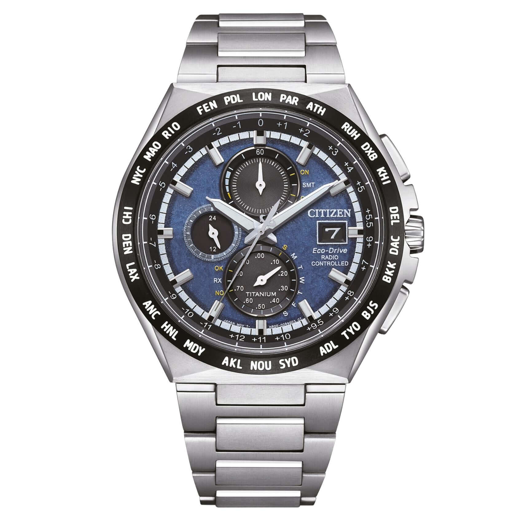 Ανδρικό ρολόι Citizen Eco-Drive Radio Controlled AT8238-84L χρονογράφος με ασημί μπρασελέ από τιτάνιο, μπλε καντράν 43.5mm και μηχανισμό Eco-Drive H800.