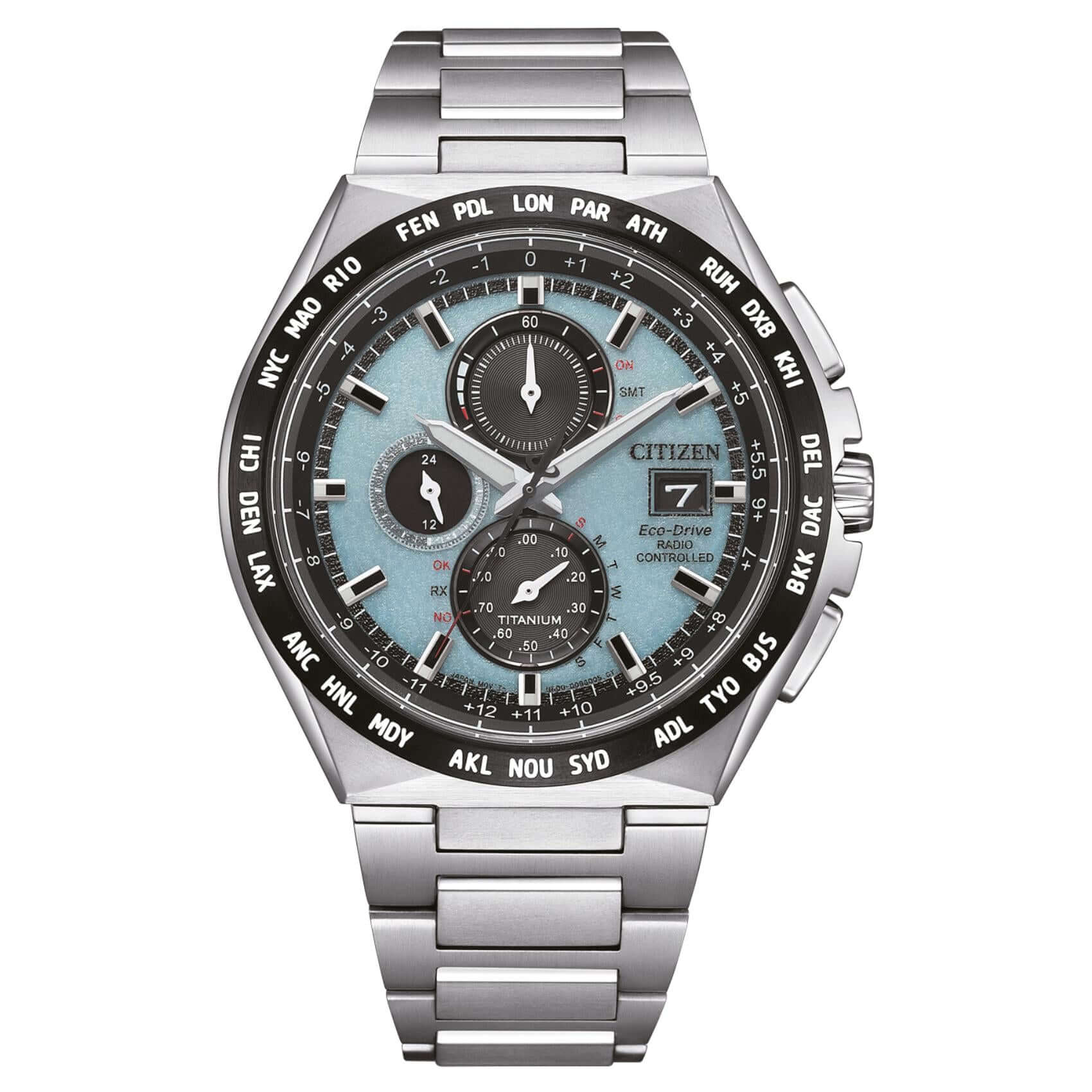 Ανδρικό ρολόι Citizen Eco-Drive Radio Controlled AT8238-84M χρονογράφος με ασημί μπρασελέ από τιτάνιο, γαλάζιο καντράν 43.5mm και μηχανισμό Eco-Drive H800.