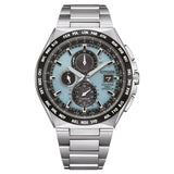 Ανδρικό ρολόι Citizen Eco-Drive Radio Controlled AT8238-84M χρονογράφος με ασημί μπρασελέ από τιτάνιο, γαλάζιο καντράν 43.5mm και μηχανισμό Eco-Drive H800.