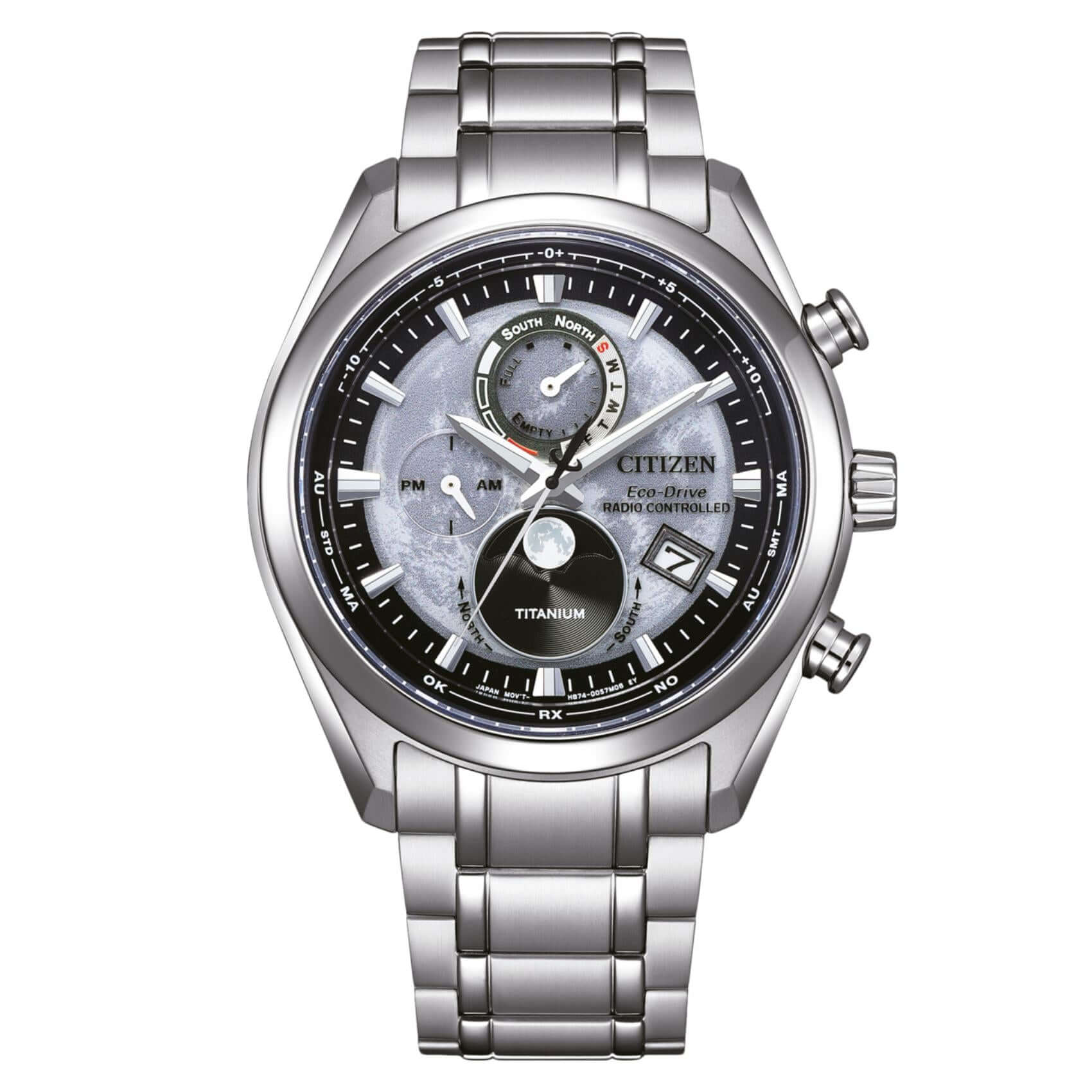 Ανδρικό ρολόι Citizen Eco-Drive Tsuki-yomi BY1010-81H με ασημί μπρασελέ από τιτάνιο, γκρι-μαύρο καντράν 43mm και ένδειξη φάσεων της σελήνης.
