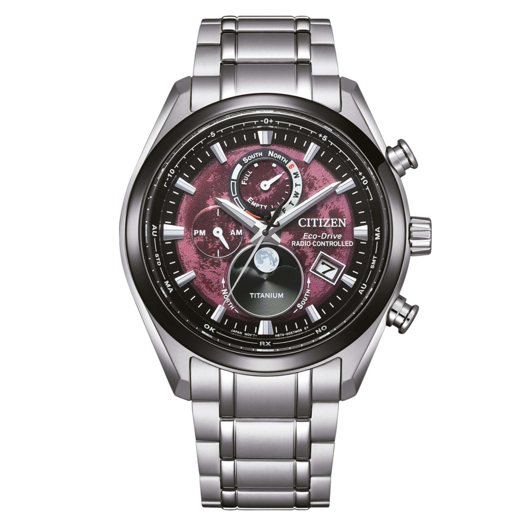Ανδρικό ρολόι Citizen Eco-Drive Tsuki-yomi BY1018-80X με ασημί μπρασελέ από τιτάνιο, κόκκινο καντράν 43mm και ένδειξη φάσεων της σελήνης.