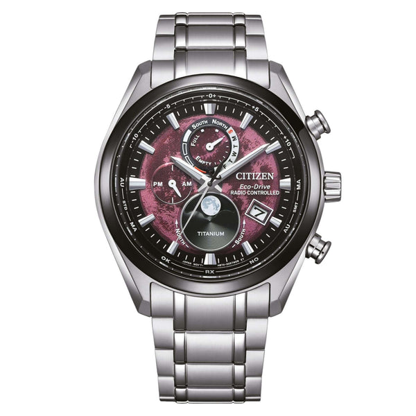 Ανδρικό ρολόι Citizen Eco-Drive Tsuki-yomi BY1018-80X με ασημί μπρασελέ από τιτάνιο, κόκκινο καντράν 43mm και ένδειξη φάσεων της σελήνης.