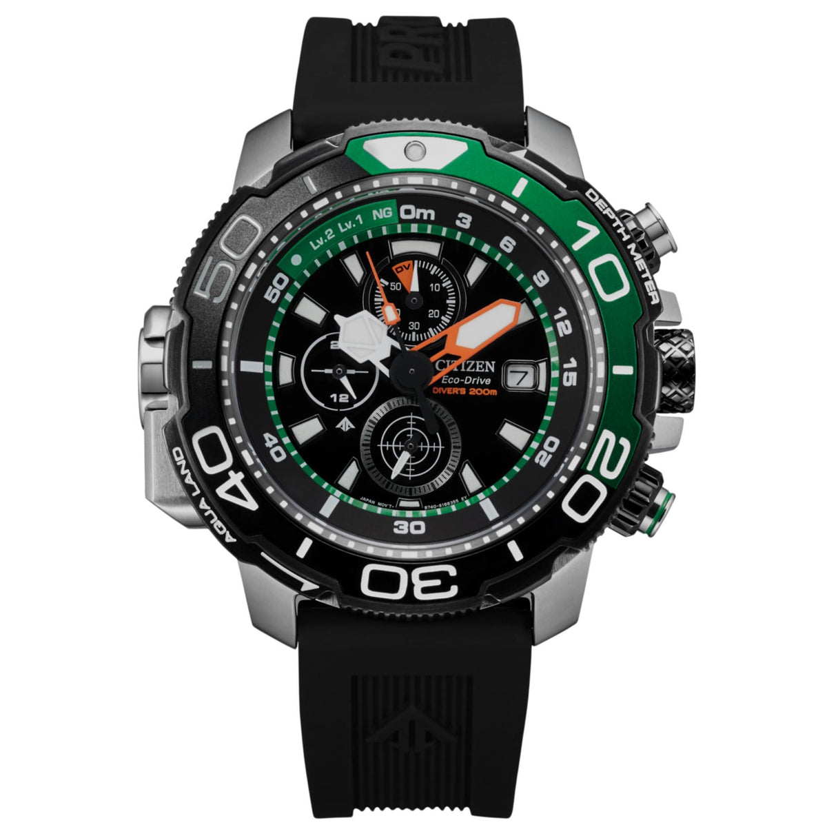 Ανδρικό ρολόι Citizen Promaster Aqualand BJ2168-01E με μαύρο καουτσούκ λουράκι και μαύρο καντράν 47mm με πράσινες λεπτομέρειες.