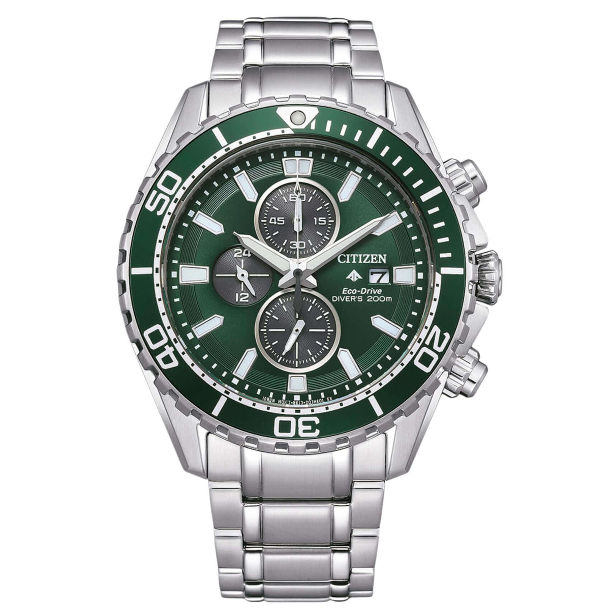 Ανδρικό ρολόι χρονογράφος Citizen Promaster Eco-Drive CA0820-50X με ασημί μπρασελέ και πράσινο καντράν 45mm.