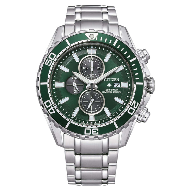 Ανδρικό ρολόι χρονογράφος Citizen Promaster Eco-Drive CA0820-50X με ασημί μπρασελέ και πράσινο καντράν 45mm.