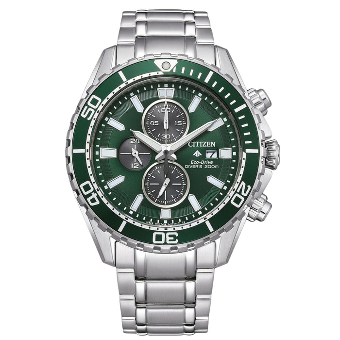 Ανδρικό ρολόι χρονογράφος Citizen Promaster Eco-Drive CA0820-50X με ασημί μπρασελέ και πράσινο καντράν 45mm.