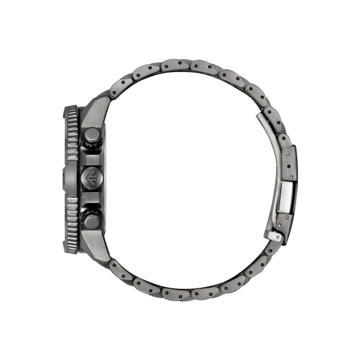 Γκρι μπρασελέ του ανδρικού ρολογιού Citizen Promaster Eco-Drive Navihawk AT8227-56X από ανοξείδωτο ατσάλι με κούμπωμα ασφαλείας.