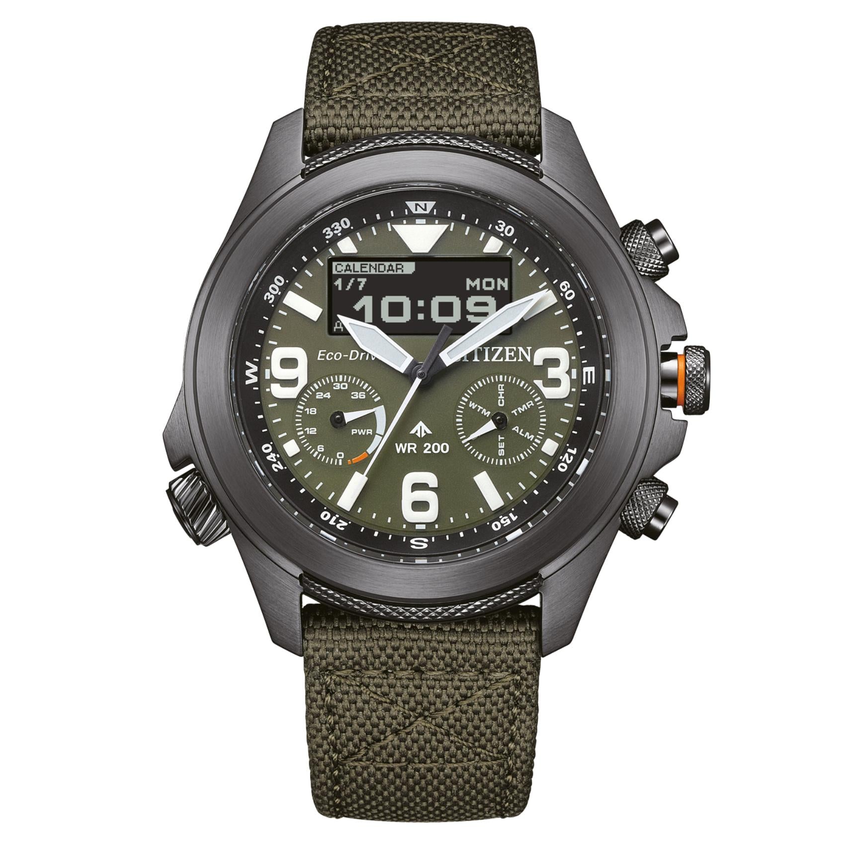 Ανδρικό ρολόι Citizen Promaster Land JV1005-02W με πράσινο nylon λουράκι και πράσινο καντράν 43.5mm με αναλογική και ψηφιακή ένδειξη.
