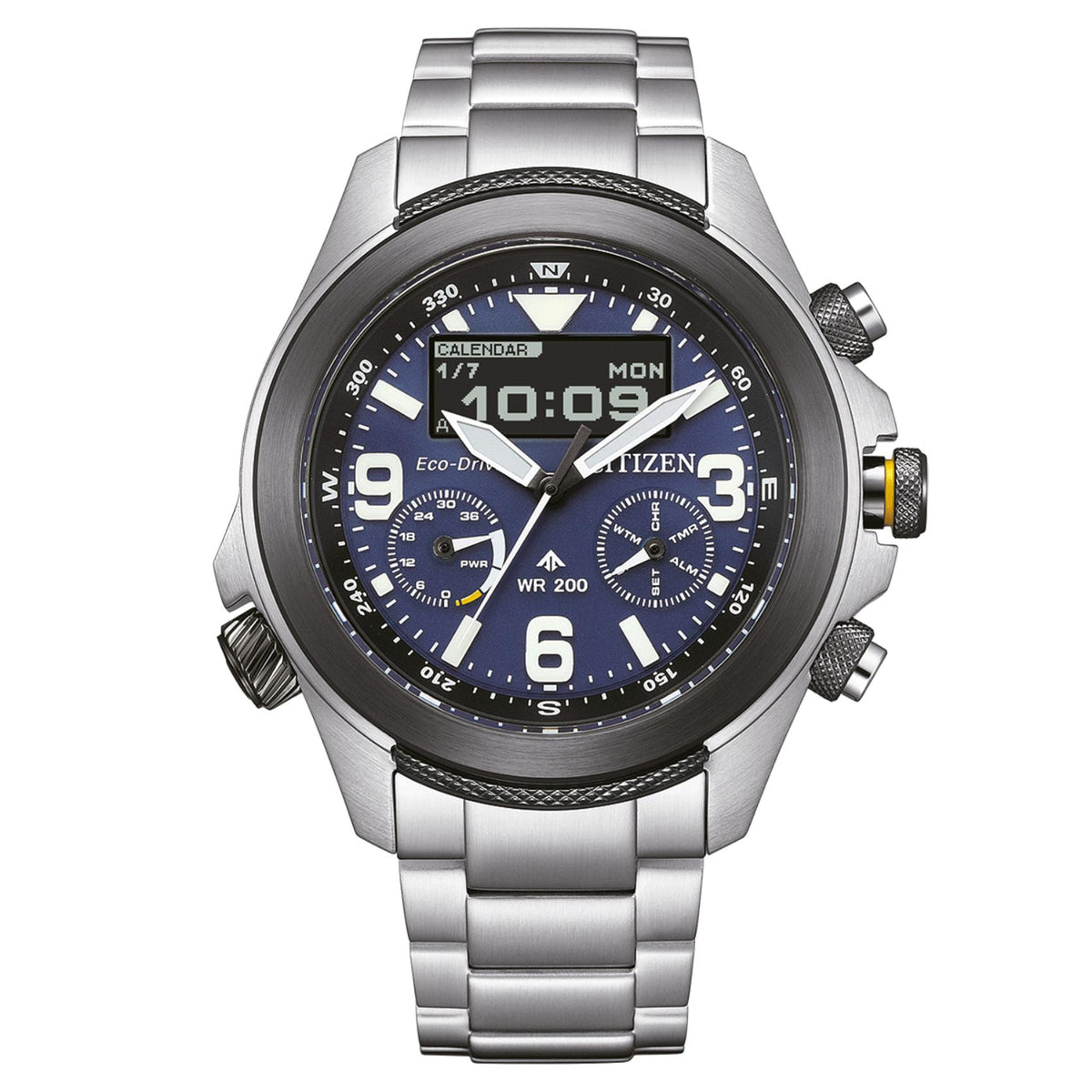Ανδρικό ρολόι Citizen Promaster Land JV1006-51L με ασημί μπρασελέ και μπλε καντράν 43.5mm με αναλογική και ψηφιακή ένδειξη.