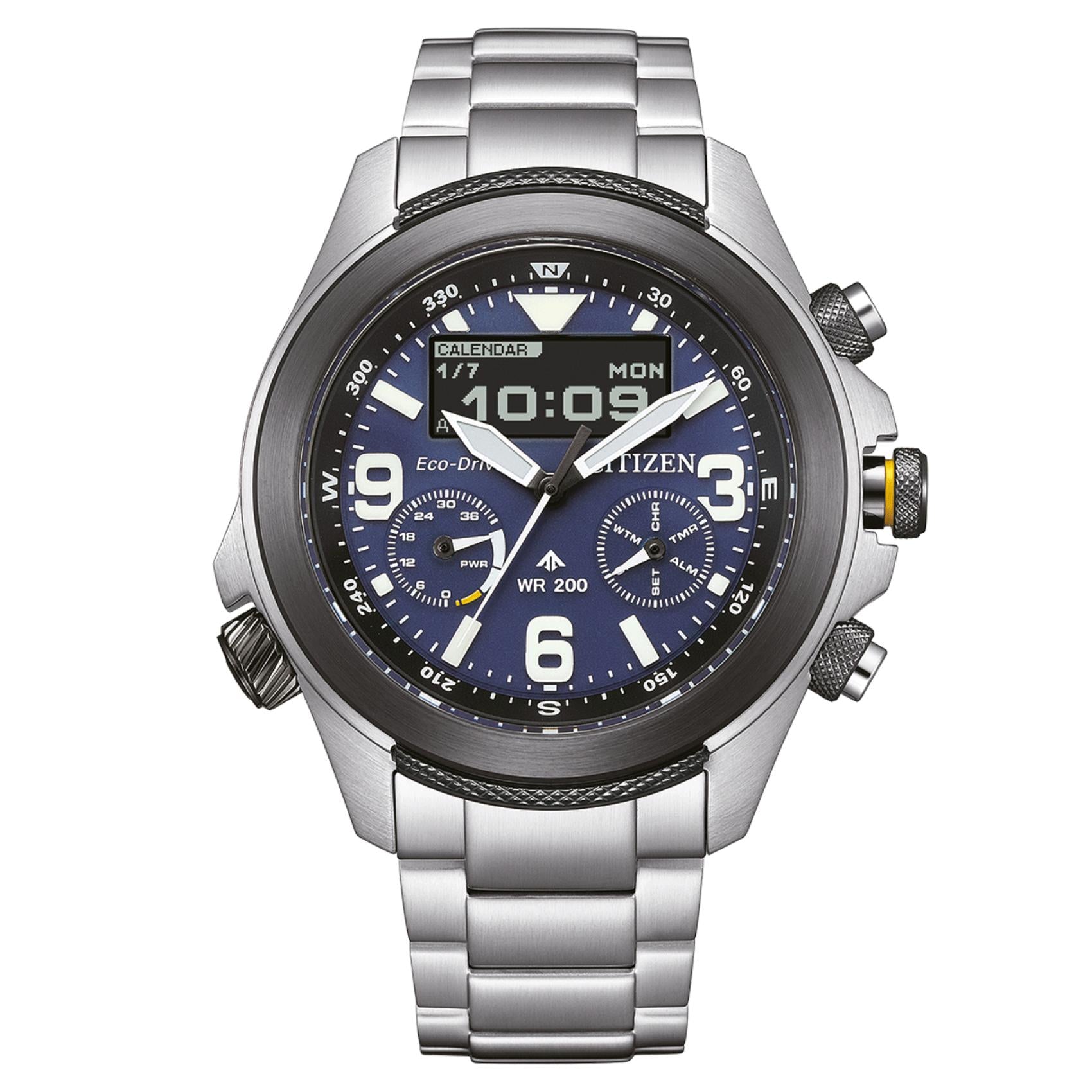 Ανδρικό ρολόι Citizen Promaster Land JV1006-51L με ασημί μπρασελέ και μπλε καντράν 43.5mm με αναλογική και ψηφιακή ένδειξη.