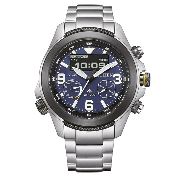 Ανδρικό ρολόι Citizen Promaster Land JV1006-51L με ασημί μπρασελέ και μπλε καντράν 43.5mm με αναλογική και ψηφιακή ένδειξη.