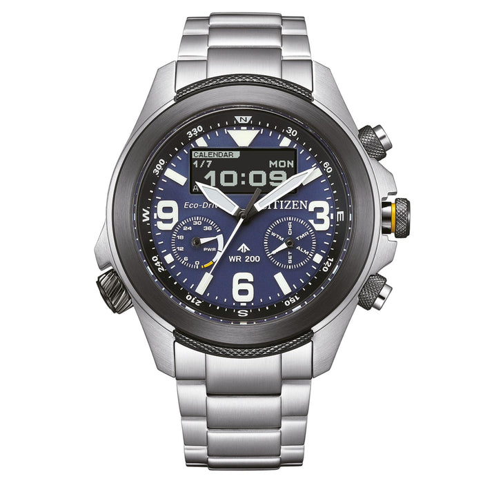 Ανδρικό ρολόι Citizen Promaster Land JV1006-51L με ασημί μπρασελέ και μπλε καντράν 43.5mm με αναλογική και ψηφιακή ένδειξη.