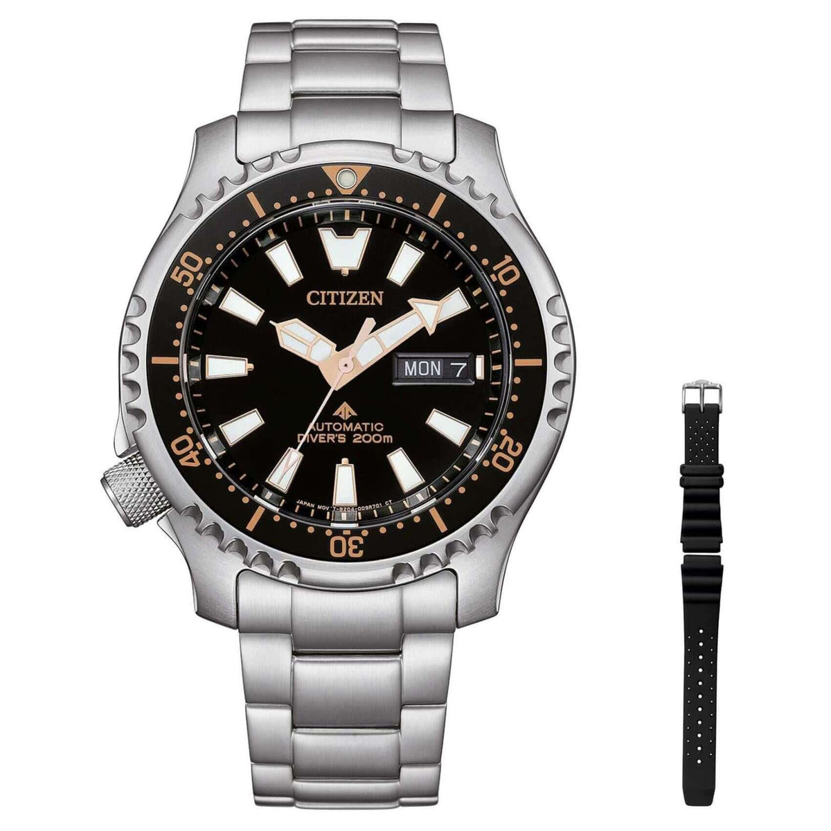 Ανδρικό ρολόι Citizen Promaster Marine NY0160-66EE Limited Edition με ασημί ατσάλινο μπρασελέ και επιπλέον μαύρο λουράκι καουτσούκ σε μία φωτογραφία.