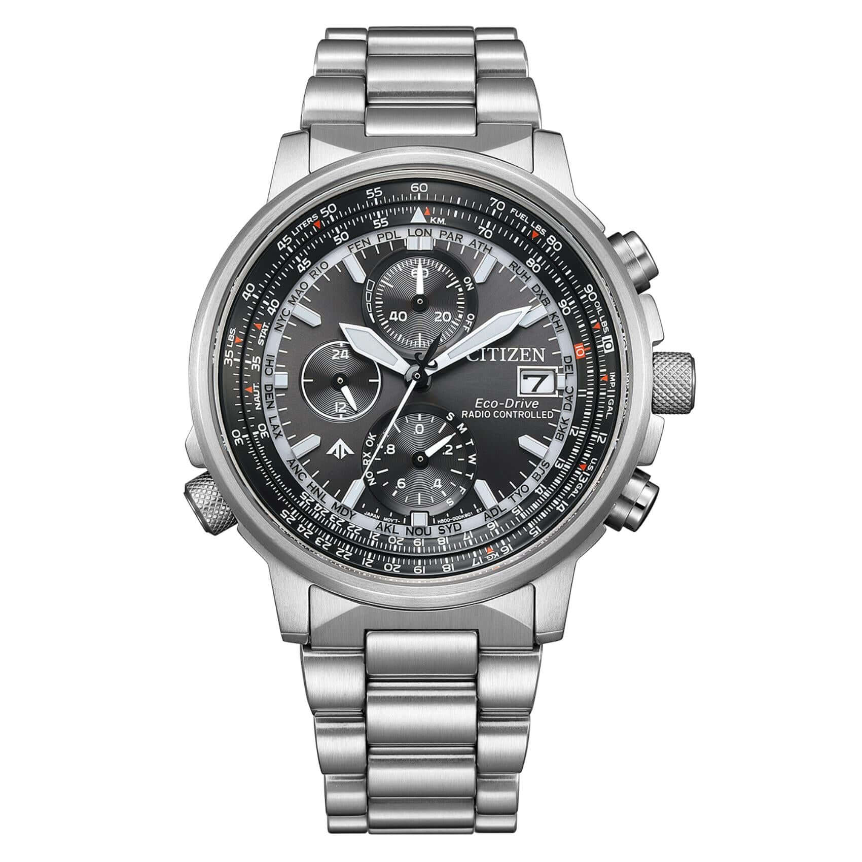 Ανδρικό ρολόι Citizen Promaster Sky AT8300-58E χρονογράφος με ασημί μπρασελέ από ανοξείδωτο ατσάλι, μαύρο καντράν 41mm και μηχανισμό Eco-Drive H800.